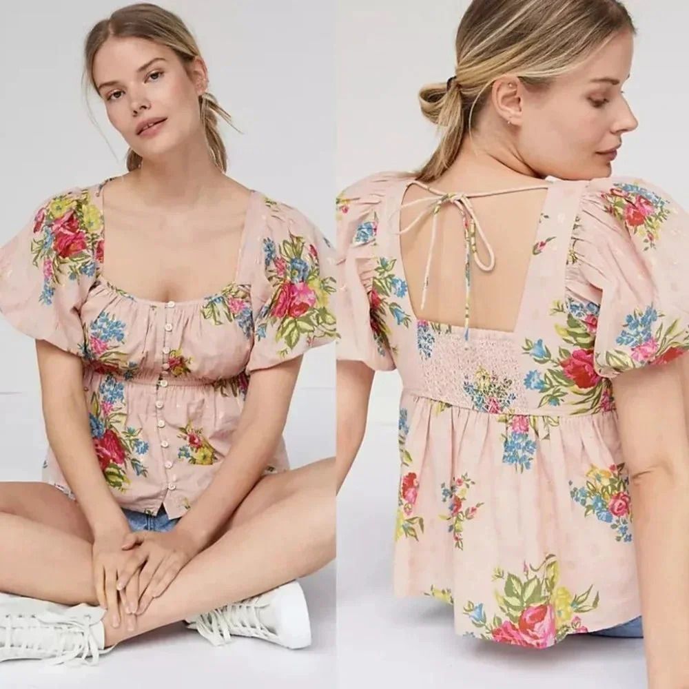 Anthropologie Pink Floral Square-Neck Puff Sleeve Peplum Top